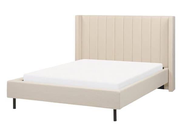 Parisänky beige buklee verhoiltu metallijalat 140 x 200 cm sälepohja tikattu pääty moderni tyyli