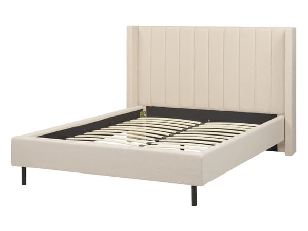 Parisänky beige buklee verhoiltu metallijalat 140 x 200 cm sälepohja tikattu pääty moderni tyyli