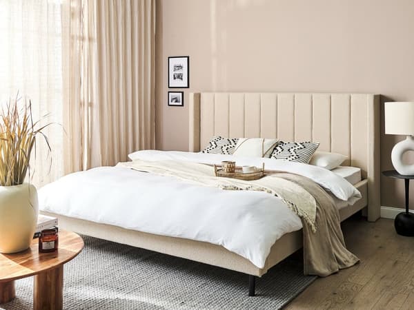 Parisänky beige buklee verhoiltu metallijalat 180 x 200 cm sälepohja tikattu pääty moderni tyyli
