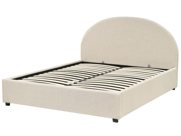 Dobbeltseng med sengebunn Beige stoff Polstret 160 x 200 cm Spileramme Oppfellbar høy sengegavl Klassisk Retro Minimalistisk soverom