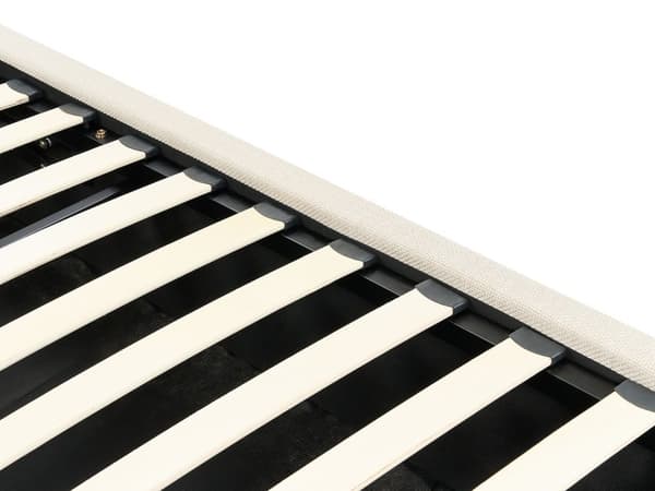 Dobbeltseng med sengebunn Beige stoff Polstret 160 x 200 cm Spileramme Oppfellbar høy sengegavl Klassisk Retro Minimalistisk soverom