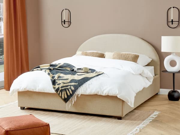 Dobbeltseng med sengebunn Beige stoff Polstret 160 x 200 cm Spileramme Oppfellbar høy sengegavl Klassisk Retro Minimalistisk soverom
