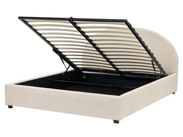 Dobbeltseng med sengebunn Beige stoff Polstret 160 x 200 cm Spileramme Oppfellbar høy sengegavl Klassisk Retro Minimalistisk soverom