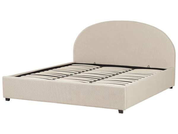 Dobbeltseng med sengebunn Beige stoff Polstret 180 x 200 cm Spileramme Oppfellbar høy sengegavl Klassisk Retro Minimalistisk Soverom