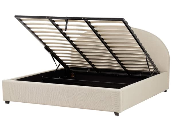 Dobbeltseng med sengebunn Beige stoff Polstret 180 x 200 cm Spileramme Oppfellbar høy sengegavl Klassisk Retro Minimalistisk Soverom