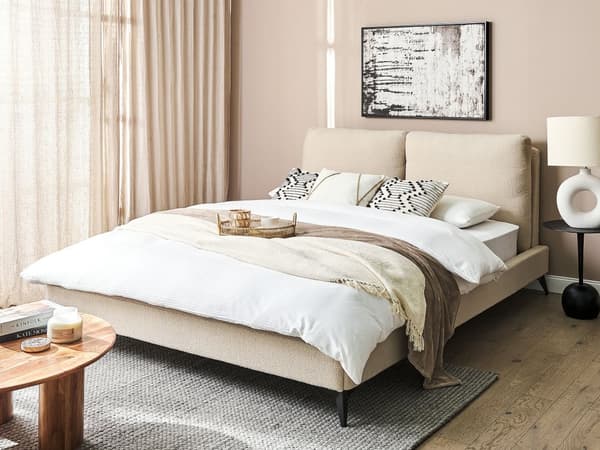 Dubbelsäng 160 x 200 cm Beige Boucle Lamellbas Sängram Modern