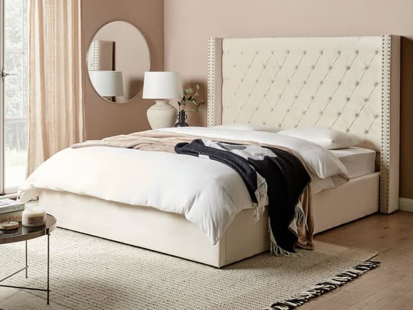 Dubbelsäng Sängram Ribbor Off-White Sammet Tuftad Huvudgavel 160 x 200 cm Glam Design
