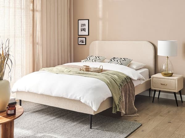 Dubbelsäng Beige Boucle Klädsel 140 x 200 cm Gyllene Ben Sänggavel Lamellbotten Minimalistisk