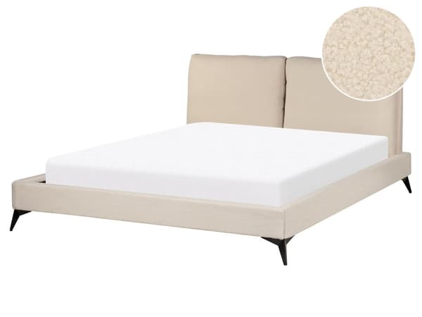 Seng Beige Boucle 160 x 200 cm Moderne Dobbeltseng Polstret To Mands Seng Lav Sengeramme Minimalistisk Design
