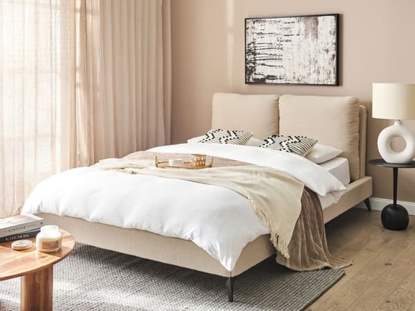 Seng Beige Boucle 140 x 200 cm Moderne Trekvart Seng Polstret Halvandenmandsseng Lav Sengeramme Minimalistisk Design