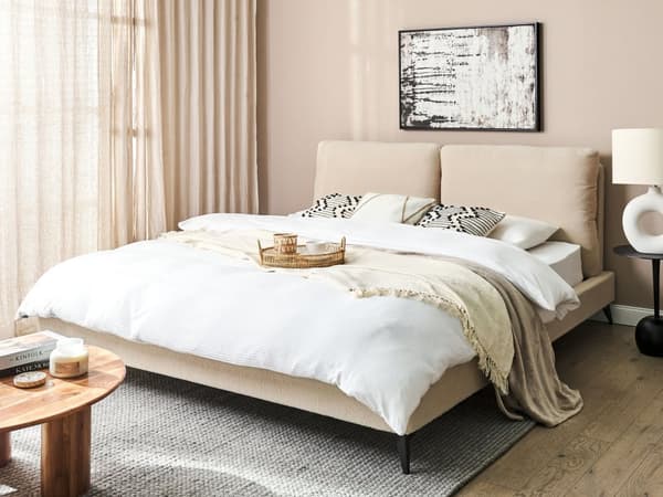 Seng Beige Boucle 180 x 200 cm Moderne Dobbeltseng Polstret To Mands Seng Lav Sengeramme Minimalistisk Design