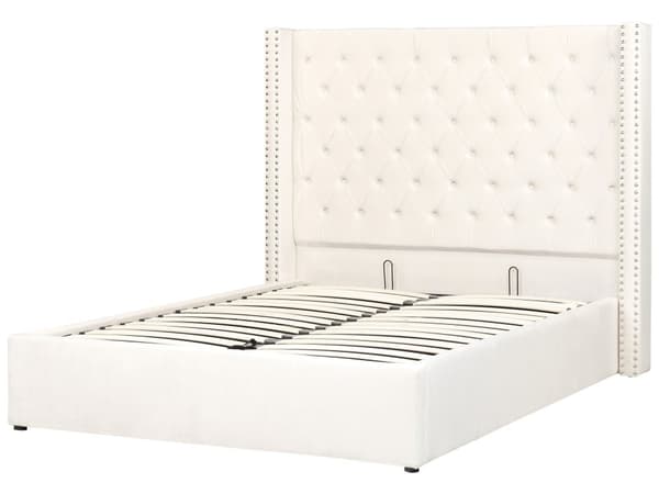 Trekvart Seng med Opbevaring Off White Velour 140 x 200 cm Moderne Halvandenmandsseng med Høj Sengegavl 3 kvart Seng Design Soveværelse