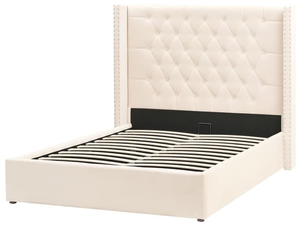 Trekvart Seng med Opbevaring Off White Velour 140 x 200 cm Moderne Halvandenmandsseng med Høj Sengegavl 3 kvart Seng Design Soveværelse