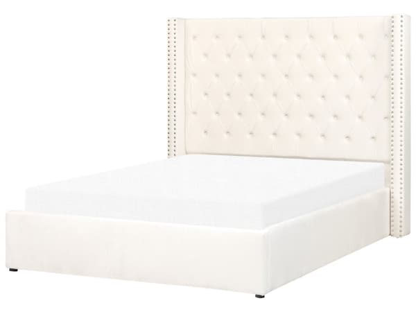 Trekvart Seng med Opbevaring Off White Velour 140 x 200 cm Moderne Halvandenmandsseng med Høj Sengegavl 3 kvart Seng Design Soveværelse