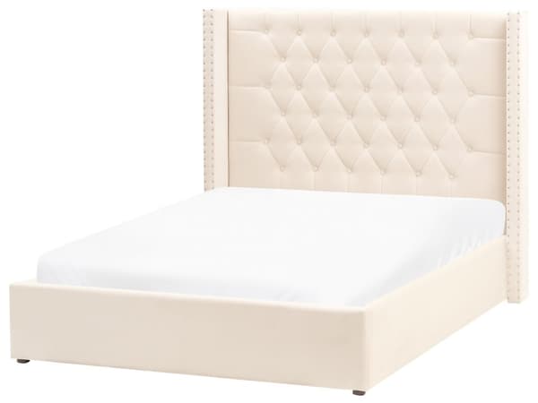 Trekvart Seng med Opbevaring Off White Velour 140 x 200 cm Moderne Halvandenmandsseng med Høj Sengegavl 3 kvart Seng Design Soveværelse