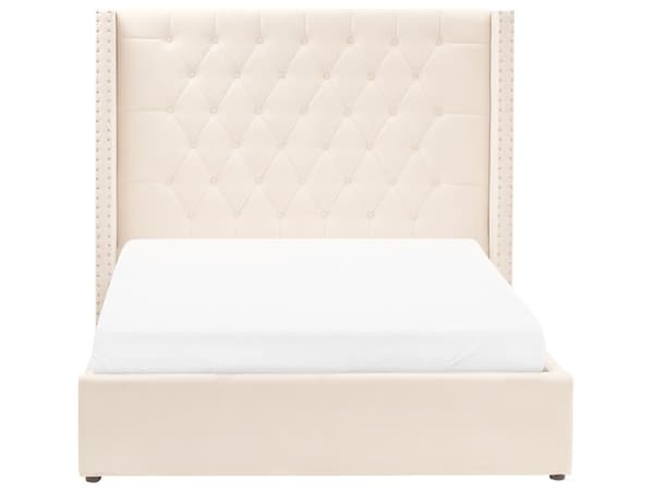 Trekvart Seng med Opbevaring Off White Velour 140 x 200 cm Moderne Halvandenmandsseng med Høj Sengegavl 3 kvart Seng Design Soveværelse