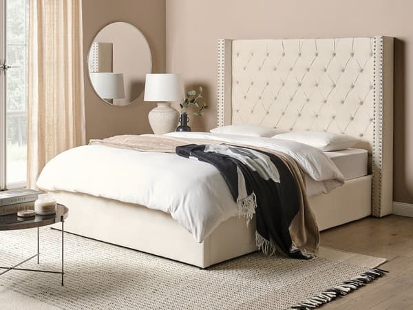 Trekvart Seng med Opbevaring Off White Velour 140 x 200 cm Moderne Halvandenmandsseng med Høj Sengegavl 3 kvart Seng Design Soveværelse