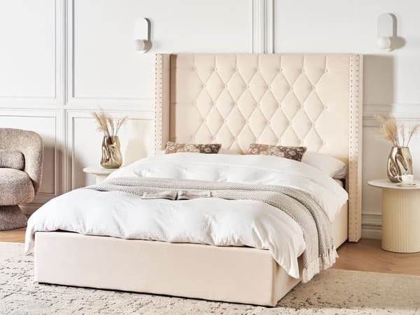 Trekvart Seng med Opbevaring Off White Velour 140 x 200 cm Moderne Halvandenmandsseng med Høj Sengegavl 3 kvart Seng Design Soveværelse