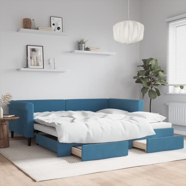 vidaXL daybed med udtræk og skuffer 100x200 cm velour blå