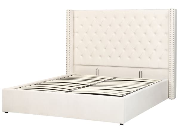 Seng med Opbevaring Off White Velour 160 x 200 cm Moderne Dobbeltseng Polstret To Mands Seng Lav Sengeramme Minimalistisk Design