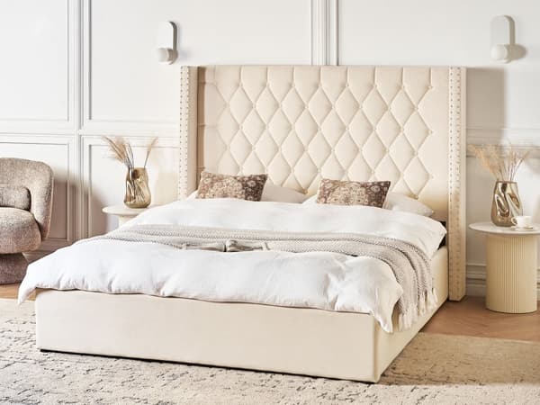 Seng med Opbevaring Off White Velour 160 x 200 cm Moderne Dobbeltseng Polstret To Mands Seng Lav Sengeramme Minimalistisk Design