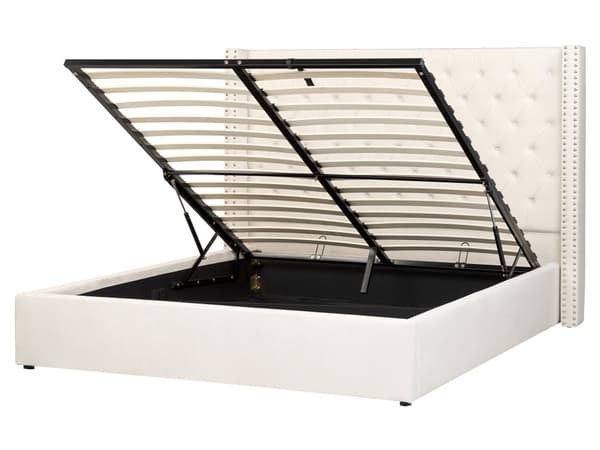 Seng med Opbevaring Off White Velour 160 x 200 cm Moderne Dobbeltseng Polstret To Mands Seng Lav Sengeramme Minimalistisk Design