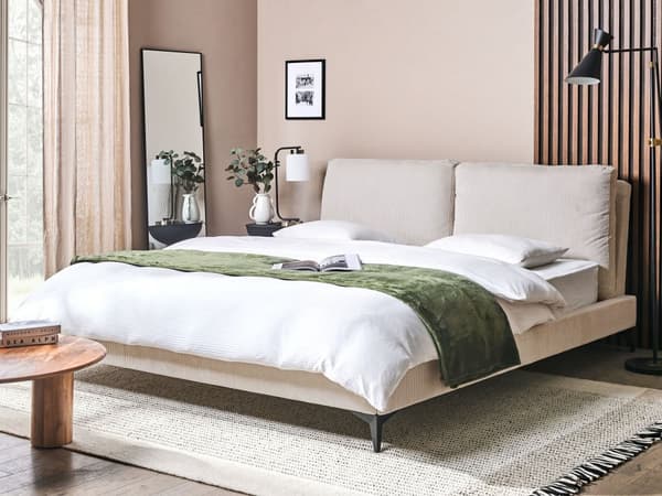 Dobbeltseng Lys beige Kordfløyel 180 x 200 cm Sengegavl med puter Lamellbunn Moderne design Soverom