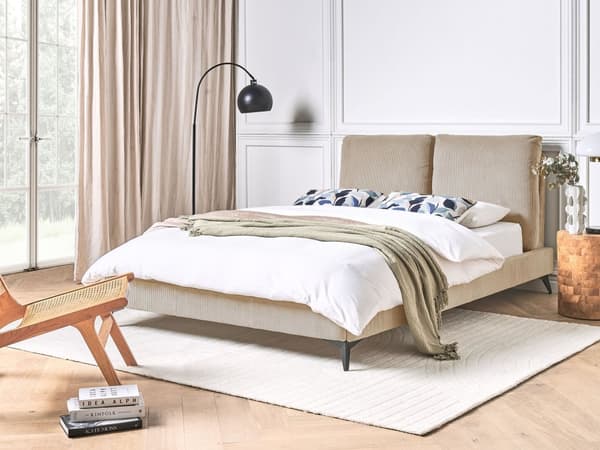 Dobbeltseng Taupe Kordfløyel 140 x 200 cm Sengegavl med puter Lamellbunn Moderne design Soverom