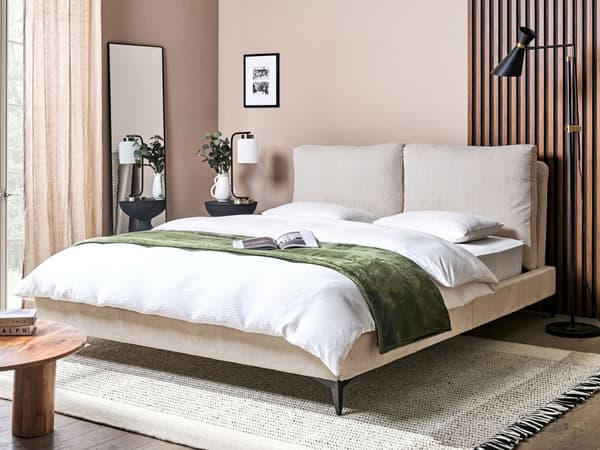 Seng Beige Fløjl 160 x 200 cm Moderne Dobbeltseng Stof To Mands Seng Lav Sengeramme Minimalistisk Design