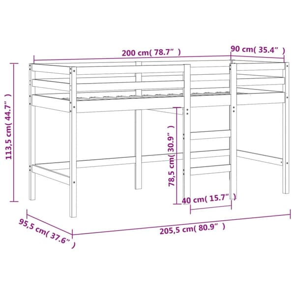 vidaXL Loftsäng med stege 90x200 cm massiv furu