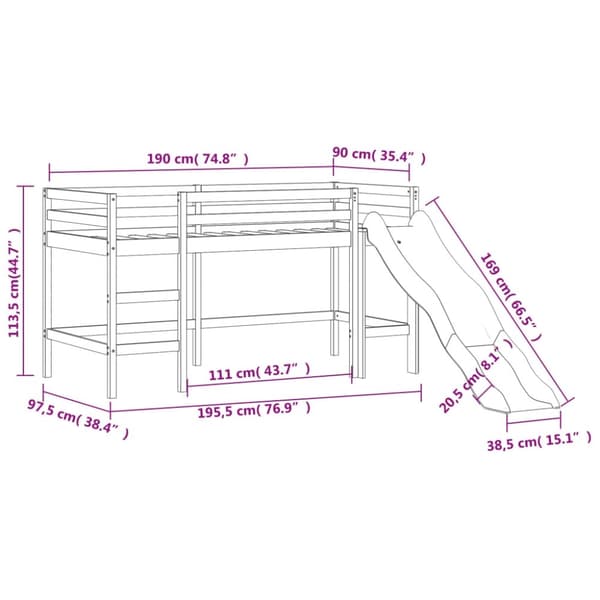 vidaXL Loftsäng med stege & rutschkana vit 90x190 cm massiv furu