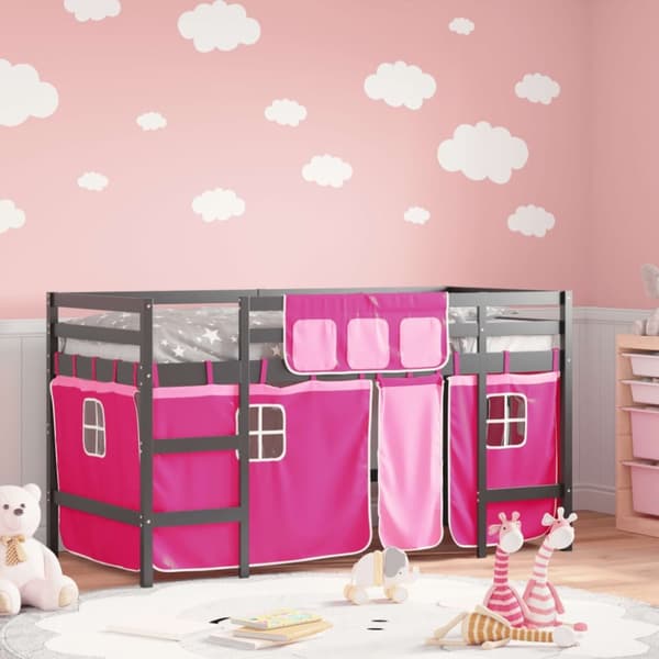 vidaXL Lasten parvisänky verhoilla pinkki 90x200 cm täysi mänty