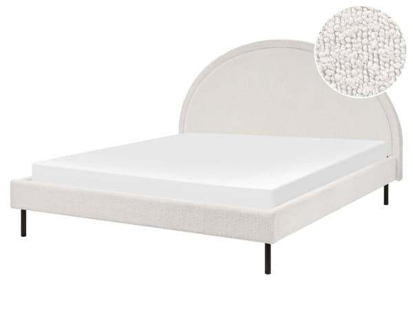 Seng Hvit Bouclé polstret spileramme 160 x 200 cm høy Rund sengegavl Retro soveromsmøbler Utstyr