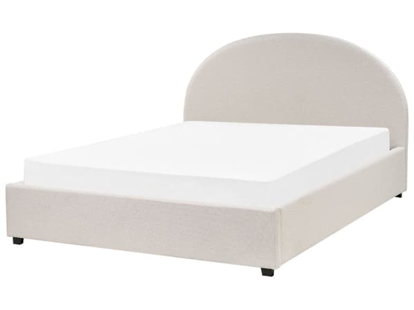 Oppbevaringsseng Lysebeige polstret polyesterstoff 160 x 200 cm Minimalistisk Retro Design Fotskammel Oppbevaring