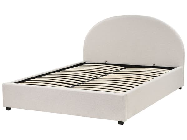Oppbevaringsseng Lysebeige polstret polyesterstoff 160 x 200 cm Minimalistisk Retro Design Fotskammel Oppbevaring