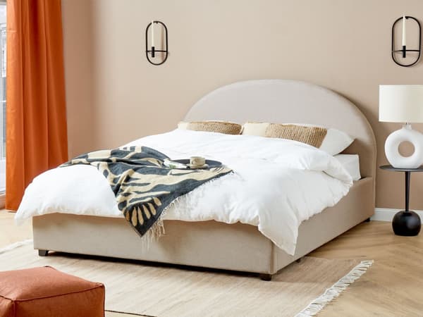 Oppbevaringsseng Lysebeige polstret polyesterstoff 160 x 200 cm Minimalistisk Retro Design Fotskammel Oppbevaring