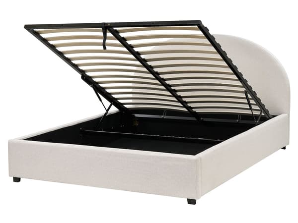Oppbevaringsseng Lysebeige polstret polyesterstoff 160 x 200 cm Minimalistisk Retro Design Fotskammel Oppbevaring