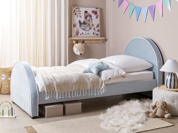 Säng Blå Sammet Stoppad Ram Nackstöd 90 x 200 cm Enkel Storlek Sovrum Barnrum Modern Traditionell