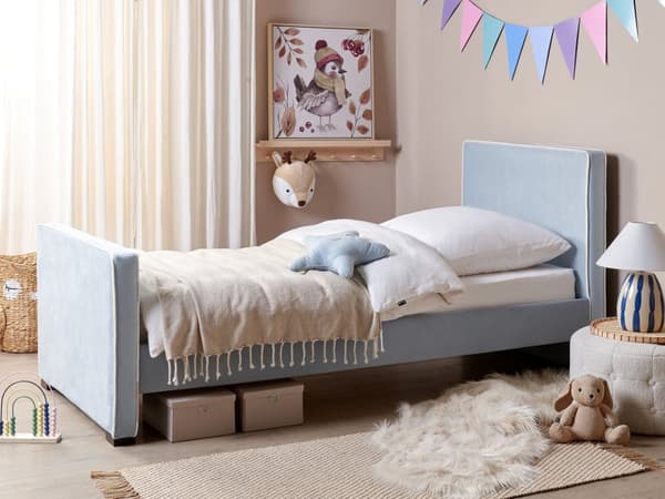 Säng Blå Sammet Stoppad Ram Nackstöd 90 x 200 cm Enkel Storlek Sovrum Barnrum Modern Traditionell