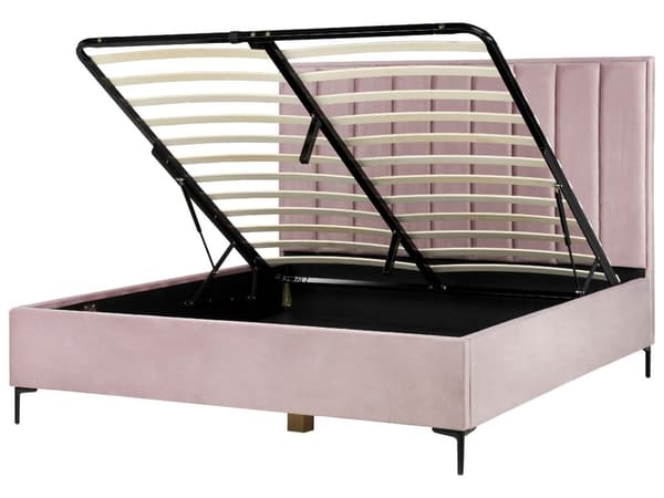 Sengeramme Rosa Fløyel 180 x 200 cm Svarte metallben Oppbevaringsrom Polstret sengegavl Soverom