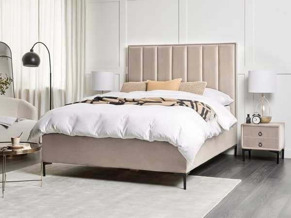 Seng Taupe Velour 140 x 200 cm Moderne Trekvart Seng med Opbevaring Blød Sengegavl Halvandenmands 3 kvart Seng Retro Design Soveværelse