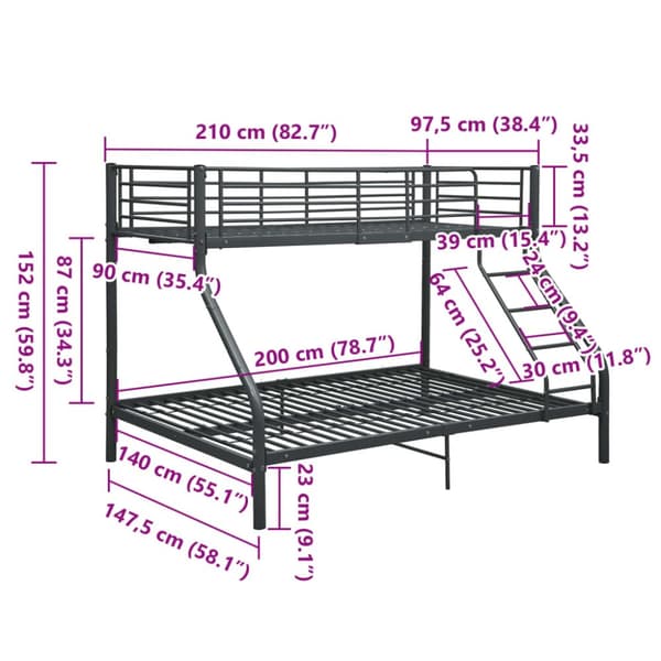 Våningssäng svart metall 140x200/90x200 cm