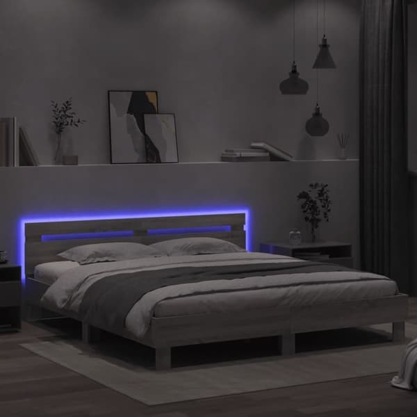 vidaXL sengeramme med sengegavl og LED-lys 180x200 cm grå sonoma-eg