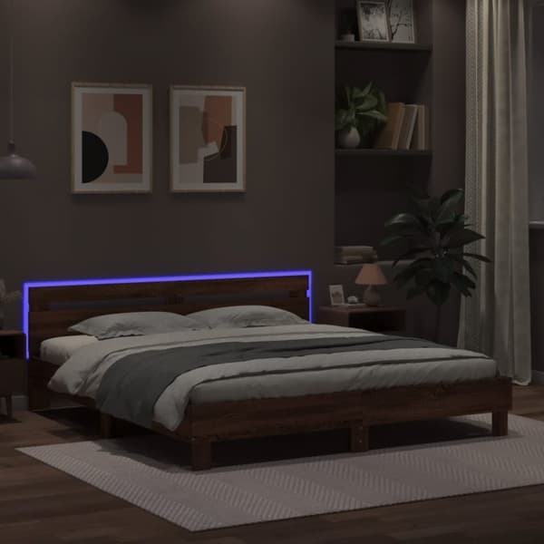vidaXL Sengeramme med hodegavl og LED brun eik 160x200 cm