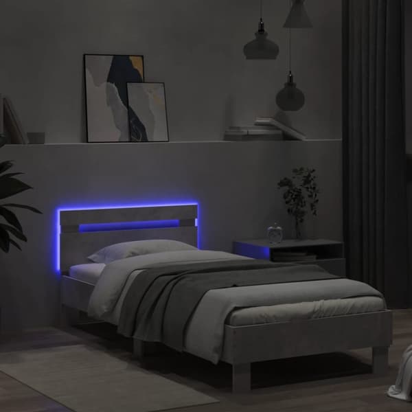 vidaXL Sängynrunko päädyllä ja LED-valoilla betoninharmaa 90x200 cm