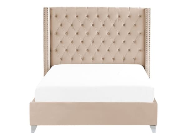 Parisänky beige sametti verhoiltu 140 x 200 cm sälepohja napitettu verhoilunaulat retro tyyli