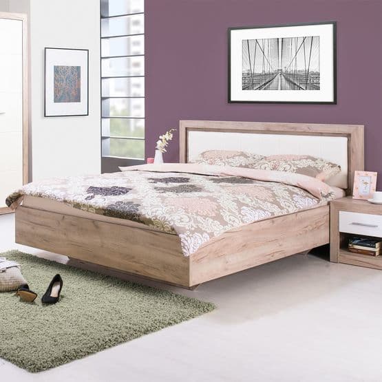 Enkeltseng - Queen Size - 160x200 Cm - Hvid Og Grå Eg Og Læder