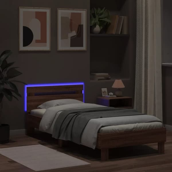 vidaXL sengeramme m. sengegavl og LED-lys 90x200 cm brun egetræsfarve
