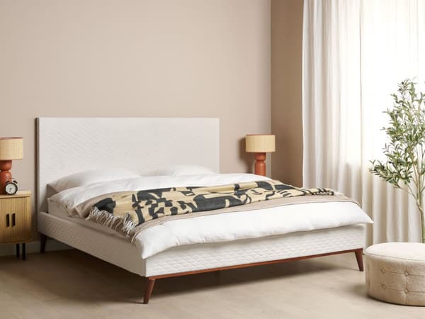 Seng Hvid Velour 180 x 200 cm Moderne Dobbeltseng Høj Sengegavl To Mands Seng Minimalistisk Design Familieseng