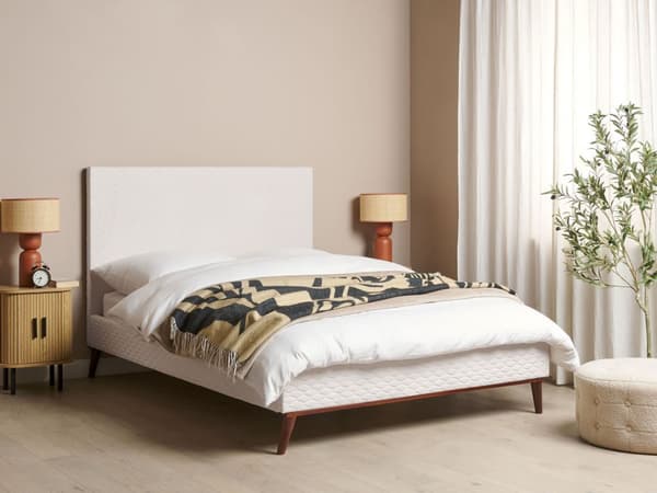 Säng 140 x 200 cm Off-White Sammet Klädd Ram Quiltad
